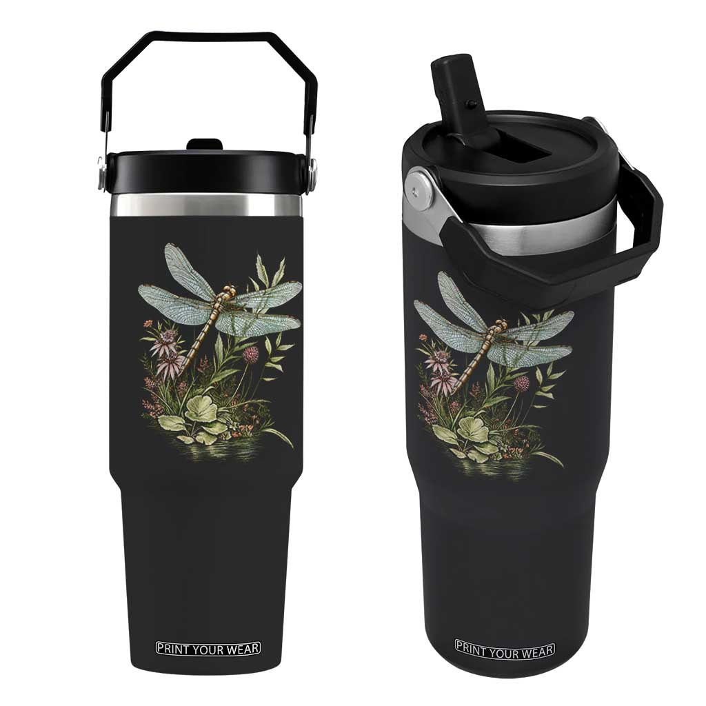Vintage Botanical Wildflower Dragonfly Flip Straw Tumbler Boho Retro Cottagecore TS12 One Size: 30 oz Black Print Your Wear
