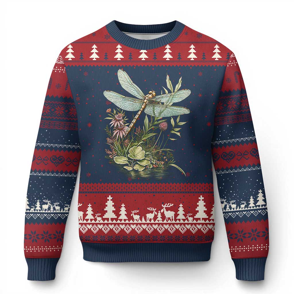 Vintage Botanical Wildflower Dragonfly Ugly Christmas Sweater Boho Retro Cottagecore TS12 Navy Red Print Your Wear
