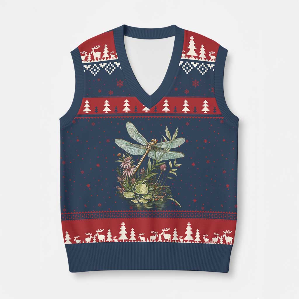 Vintage Botanical Wildflower Dragonfly V-Neck Knit Sweater Vest Boho Retro Cottagecore TS12 Navy Red Print Your Wear