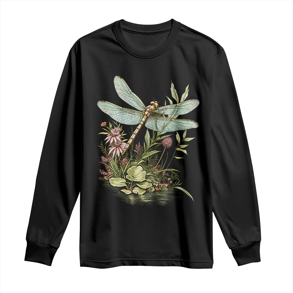 Vintage Botanical Wildflower Dragonfly Long Sleeve Shirt Boho Retro Cottagecore TS12 Black Print Your Wear