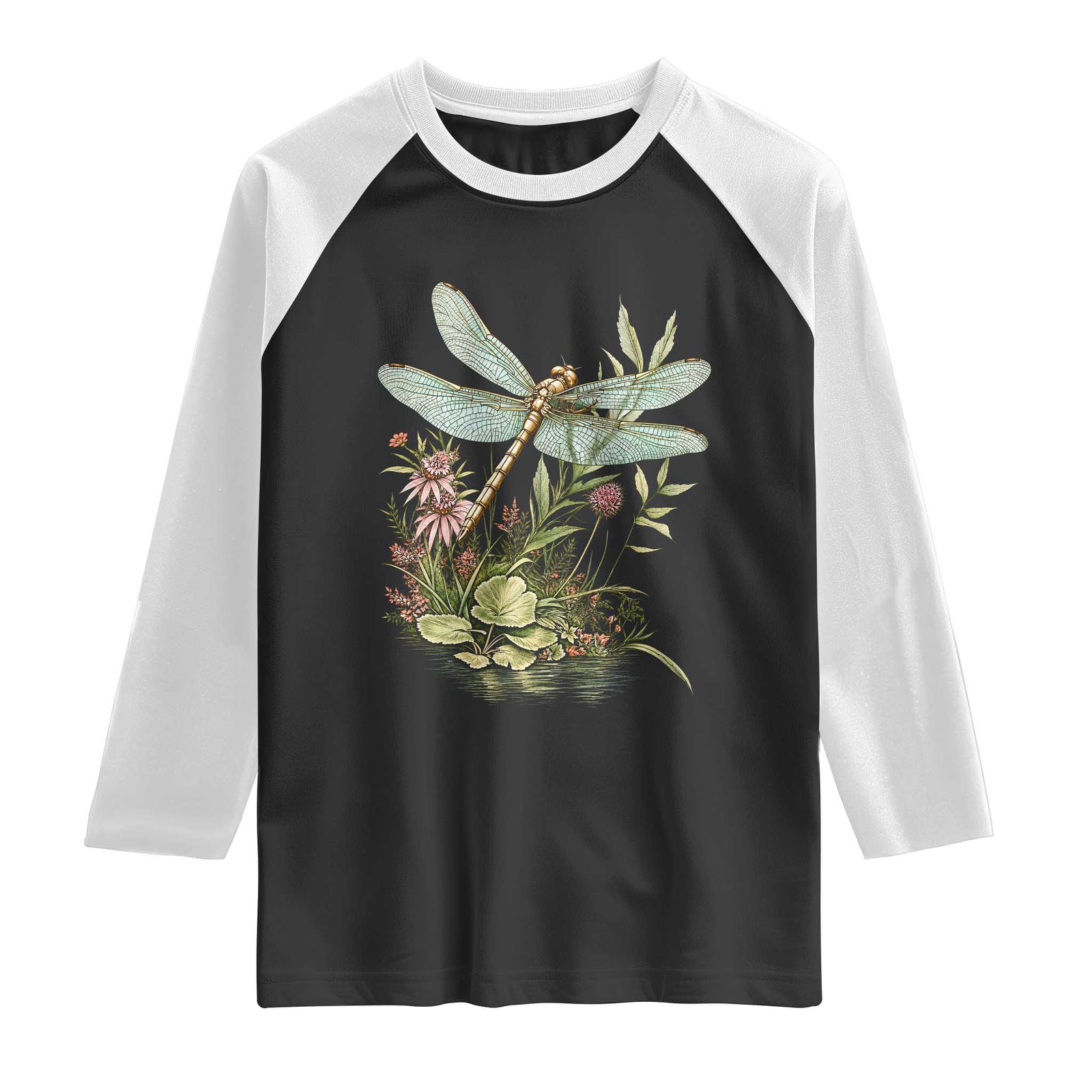 Vintage Botanical Wildflower Dragonfly Raglan Shirt Boho Retro Cottagecore TS12 Black White Print Your Wear