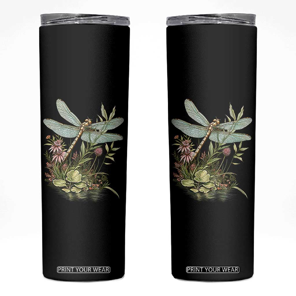 Vintage Botanical Wildflower Dragonfly Skinny Tumbler Boho Retro Cottagecore TS12 Black Print Your Wear