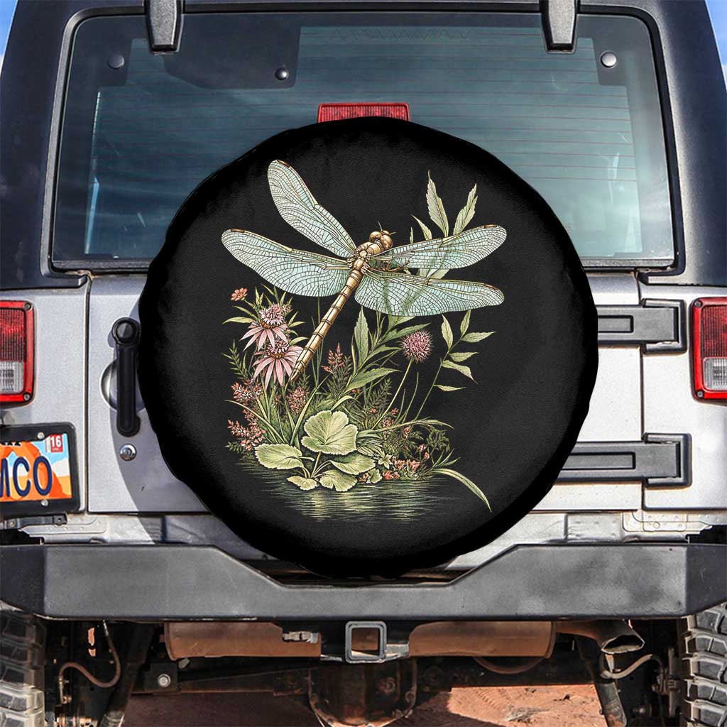 Vintage Botanical Wildflower Dragonfly Spare Tire Cover Boho Retro Cottagecore TS12 No hole Black Print Your Wear