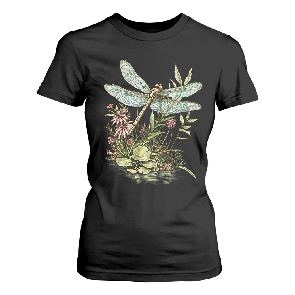 Vintage Botanical Wildflower Dragonfly T Shirt For Women Boho Retro Cottagecore TS12 Black Print Your Wear