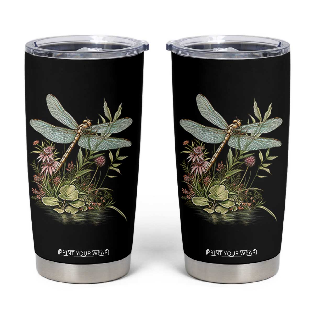 Vintage Botanical Wildflower Dragonfly Tumbler Cup Boho Retro Cottagecore TS12 Black Print Your Wear