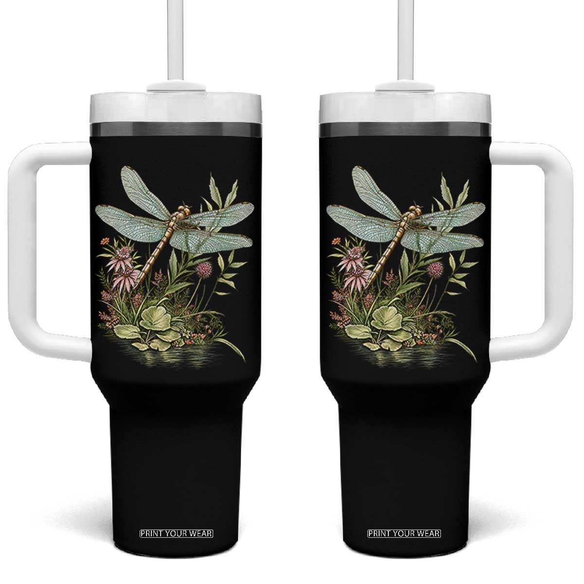 Vintage Botanical Wildflower Dragonfly Tumbler With Handle Boho Retro Cottagecore TS12 One Size: 40 oz Black Print Your Wear
