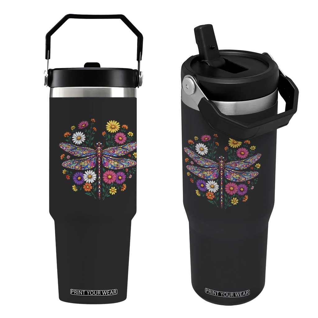 Boho Floral Spring Dragonfly Flip Straw Tumbler Colorful Mosaic Insect TS12 One Size: 30 oz Black Print Your Wear