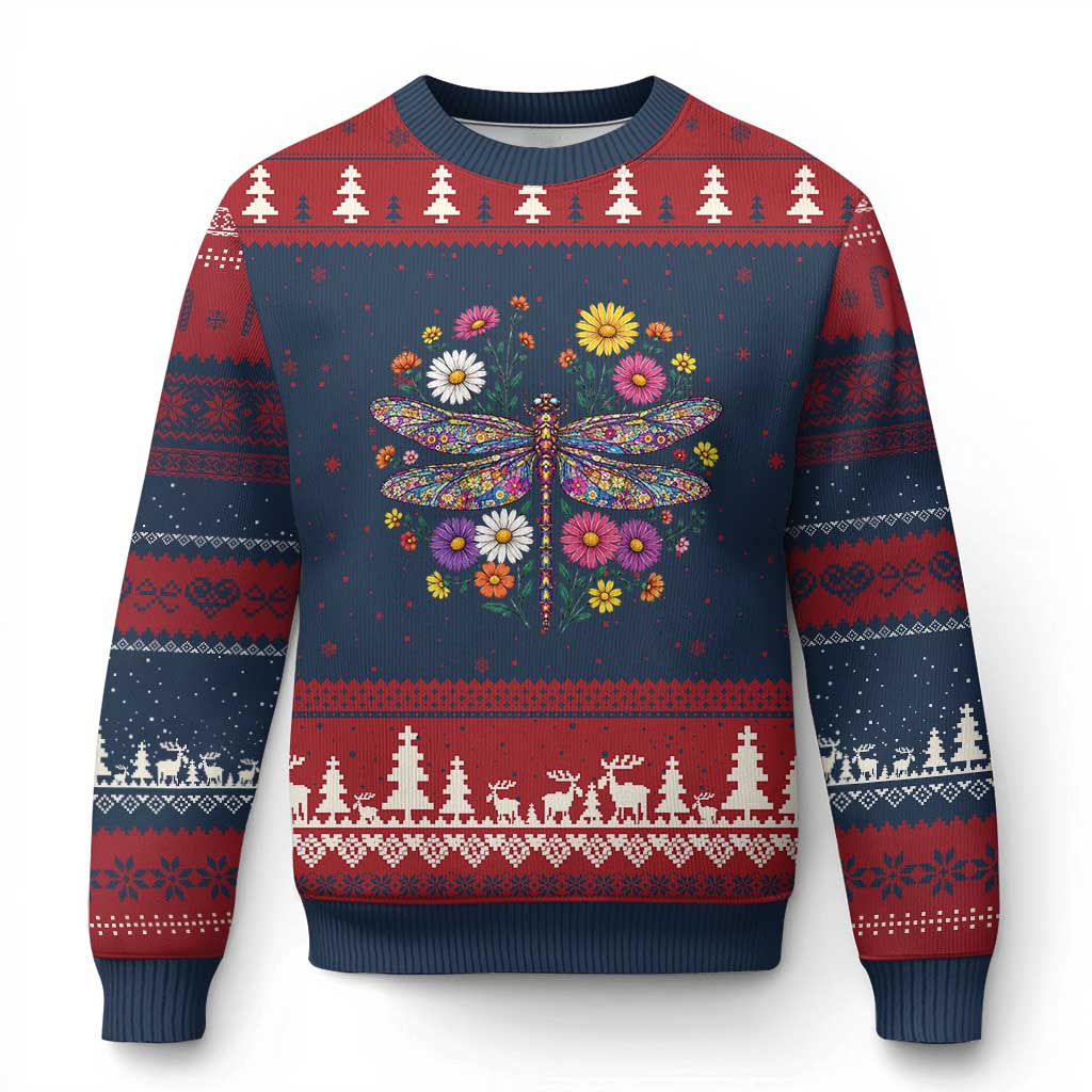 Boho Floral Spring Dragonfly Ugly Christmas Sweater Colorful Mosaic Insect TS12 Navy Red Print Your Wear