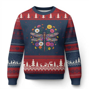 Boho Floral Spring Dragonfly Ugly Christmas Sweater Colorful Mosaic Insect TS12 Navy Red Print Your Wear