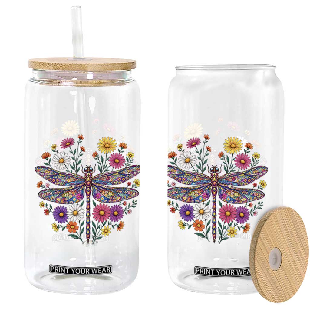 Boho Floral Spring Dragonfly Glass Can Colorful Mosaic Insect