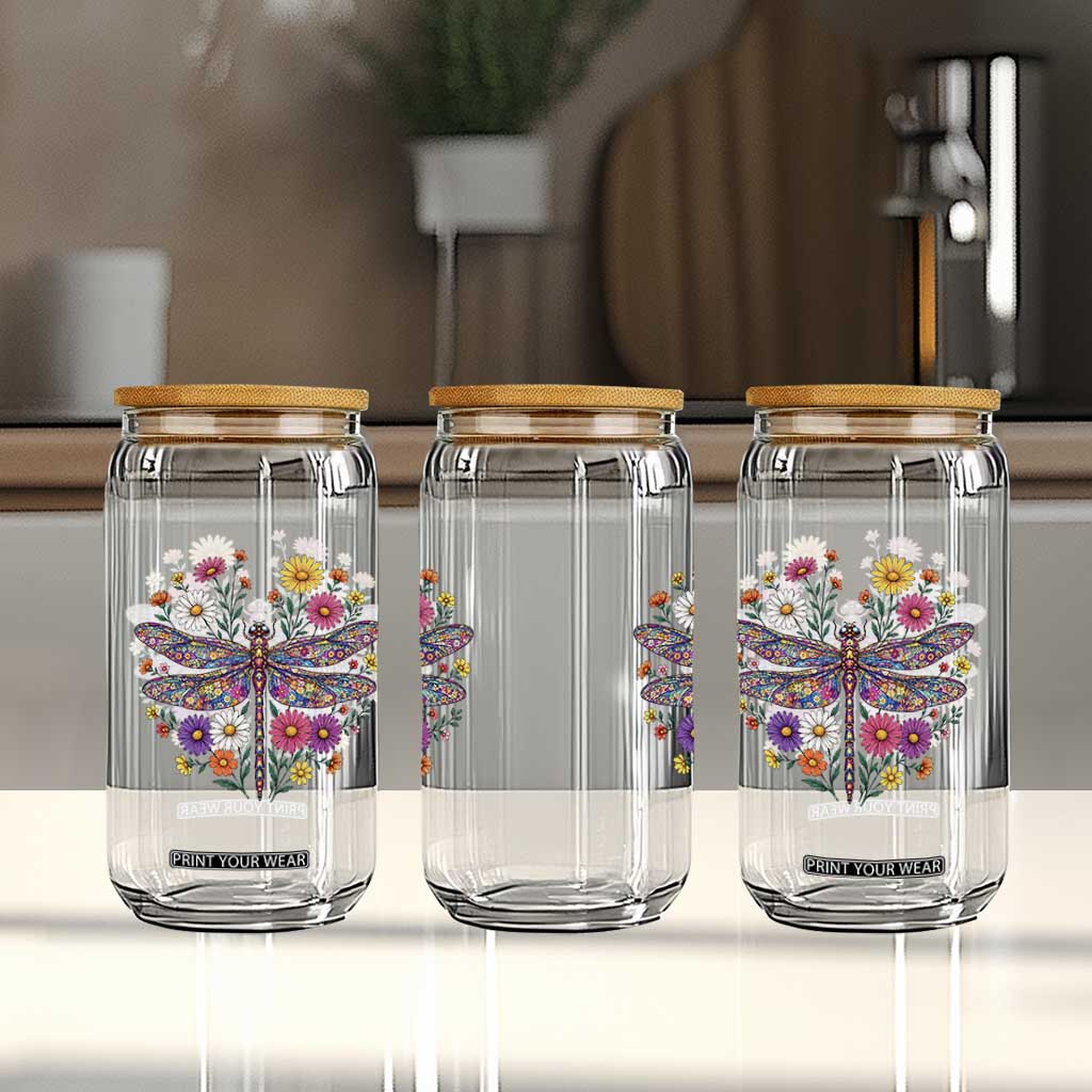 Boho Floral Spring Dragonfly Glass Can Colorful Mosaic Insect