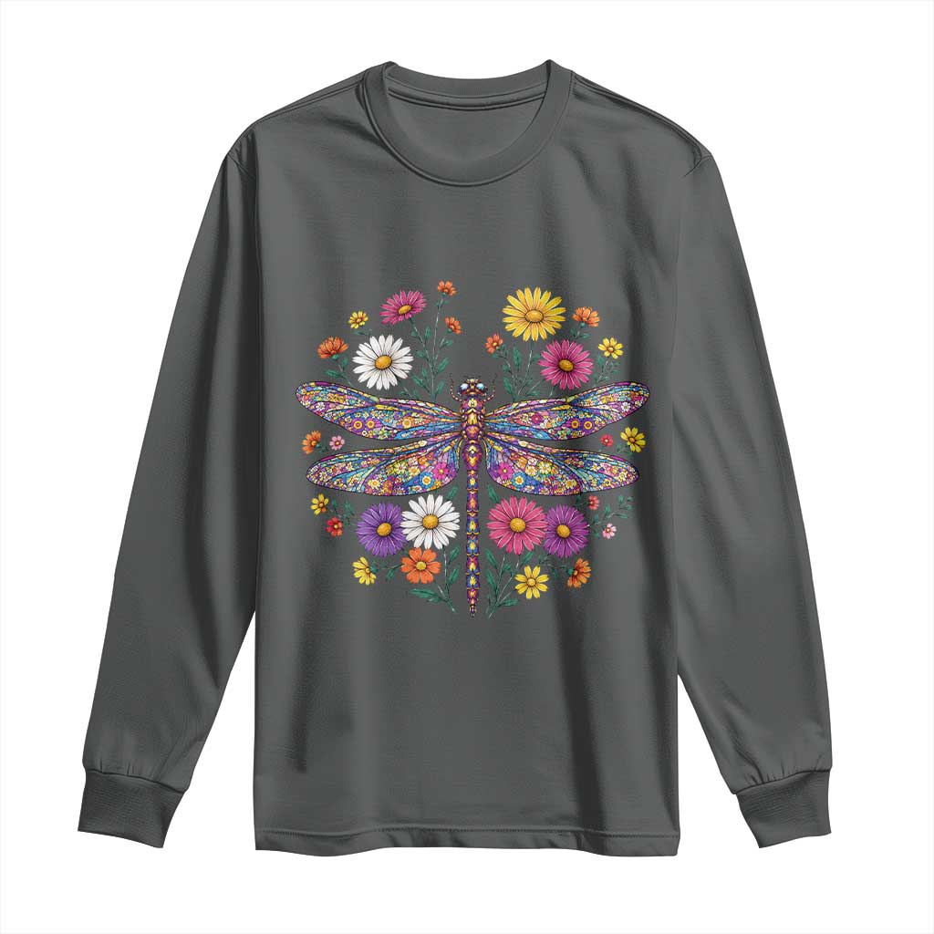 Boho Floral Spring Dragonfly Long Sleeve Shirt Colorful Mosaic Insect TS12 Dark Heather Print Your Wear