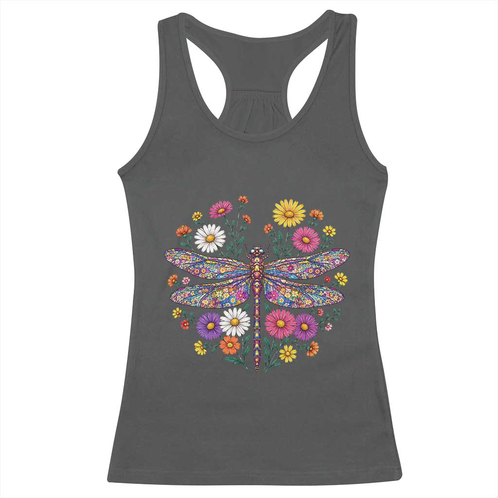 Boho Floral Spring Dragonfly Racerback Tank Top Colorful Mosaic Insect TS12 Dark Heather Print Your Wear