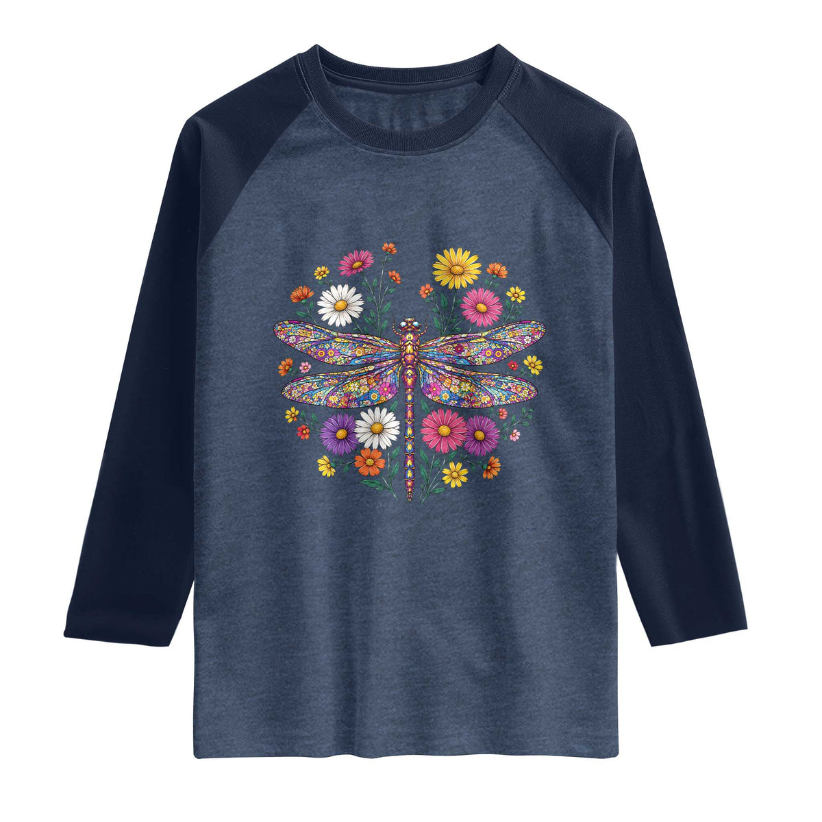 Boho Floral Spring Dragonfly Raglan Shirt Colorful Mosaic Insect TS12 Heather Denim Navy Print Your Wear