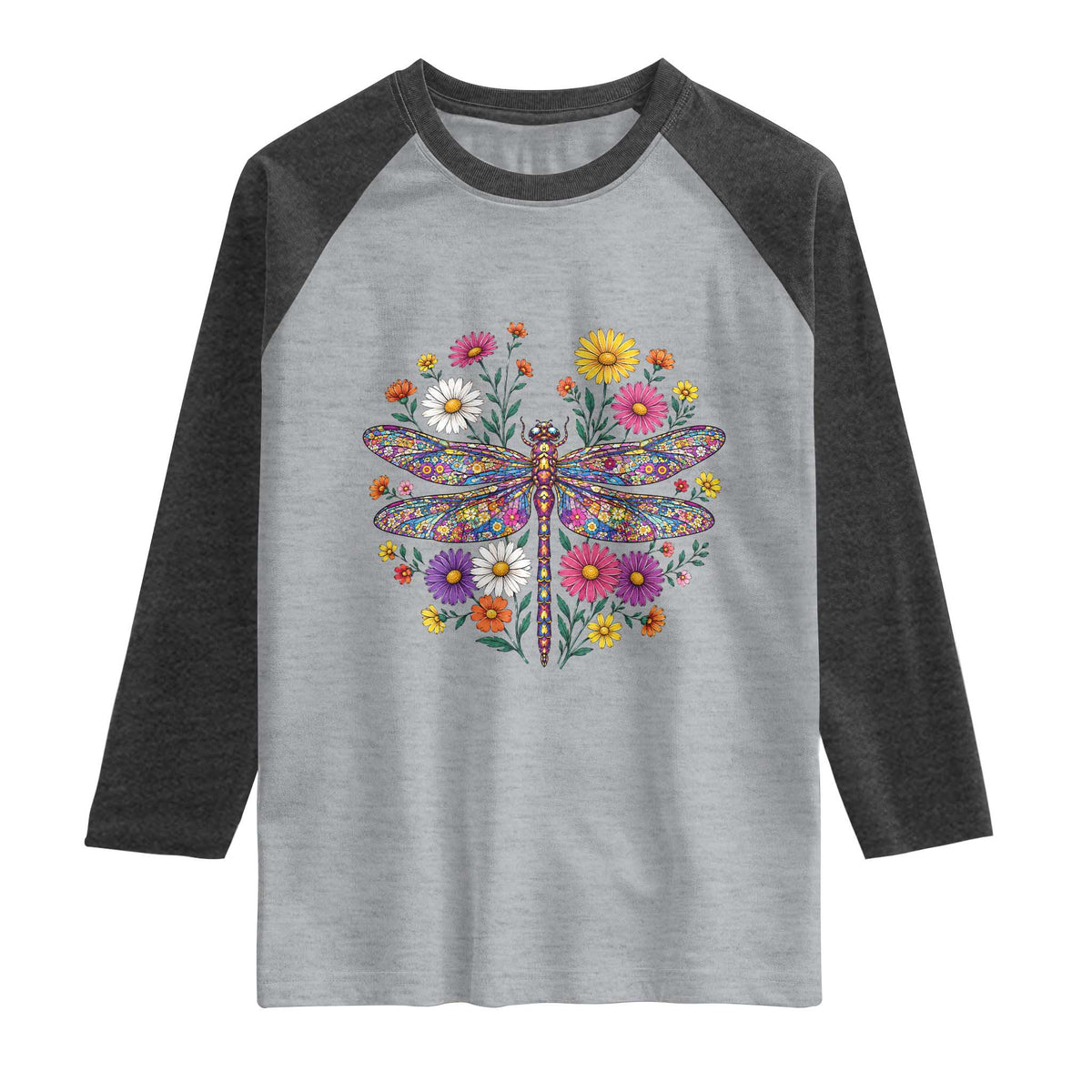 Boho Floral Spring Dragonfly Raglan Shirt Colorful Mosaic Insect TS12 Heather Gray Heather Charcoal Print Your Wear