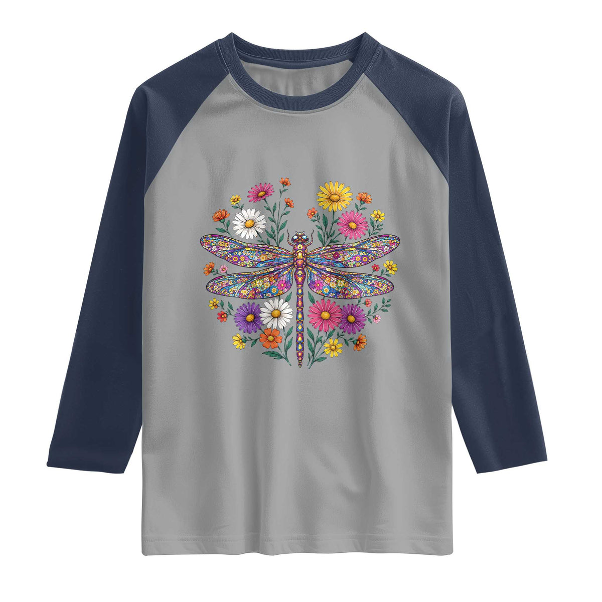 Boho Floral Spring Dragonfly Raglan Shirt Colorful Mosaic Insect TS12 Sport Gray Navy Print Your Wear
