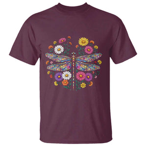 Boho Floral Spring Dragonfly T Shirt Colorful Mosaic Insect TS12 Maroon Print Your Wear