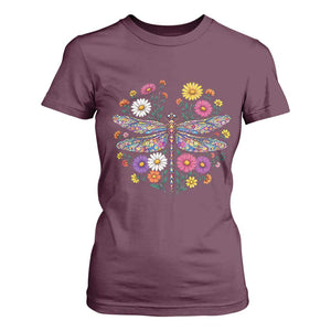 Boho Floral Spring Dragonfly T Shirt For Women Colorful Mosaic Insect TS12 Maroon Print Your Wear
