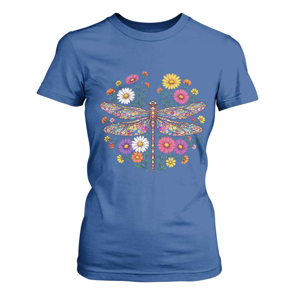 Boho Floral Spring Dragonfly T Shirt For Women Colorful Mosaic Insect TS12 Royal Blue Print Your Wear
