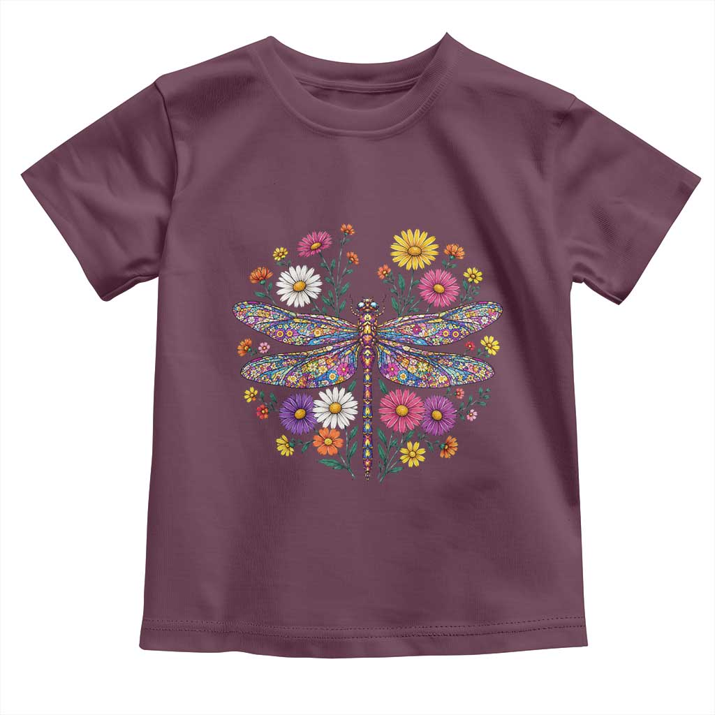 Boho Floral Spring Dragonfly Toddler T Shirt Colorful Mosaic Insect TS12 Maroon Print Your Wear