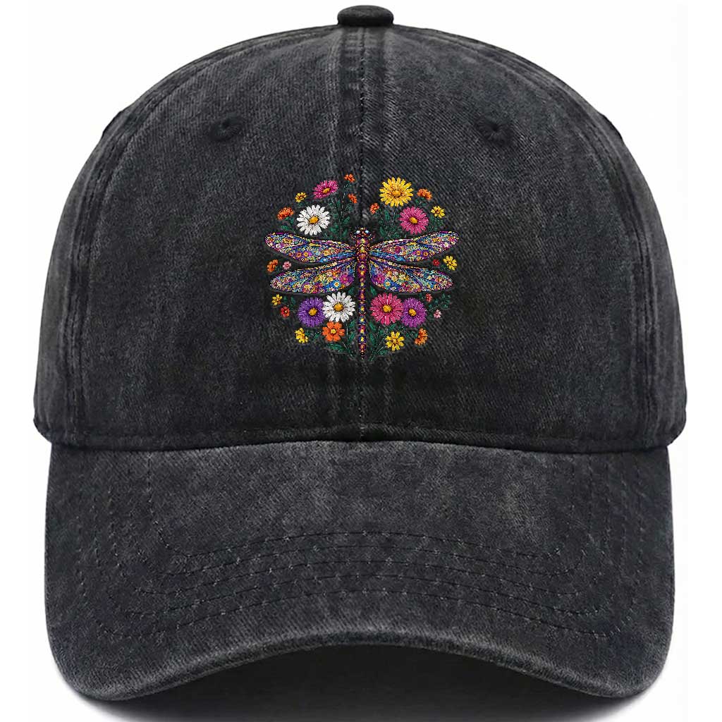 Boho Floral Spring Dragonfly Washed Cotton Baseball Cap Colorful Mosaic Insect TS12 Print Your Wear