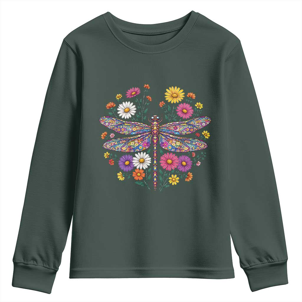 Boho Floral Spring Dragonfly Youth Sweatshirt Colorful Mosaic Insect TS12 Dark Forest Green Print Your Wear