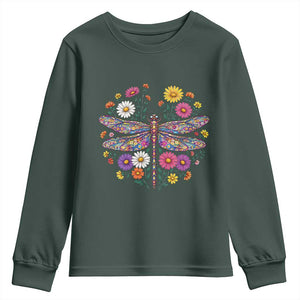 Boho Floral Spring Dragonfly Youth Sweatshirt Colorful Mosaic Insect TS12 Dark Forest Green Print Your Wear