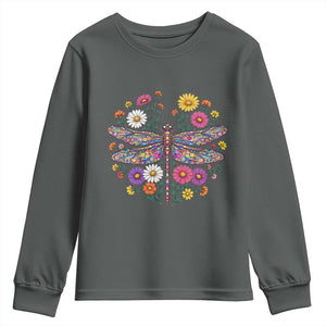Boho Floral Spring Dragonfly Youth Sweatshirt Colorful Mosaic Insect TS12 Dark Heather Print Your Wear