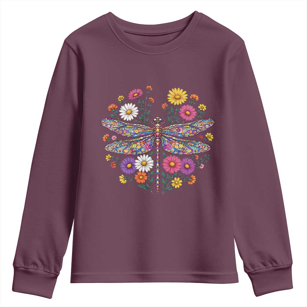 Boho Floral Spring Dragonfly Youth Sweatshirt Colorful Mosaic Insect TS12 Maroon Print Your Wear