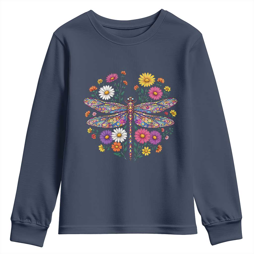 Boho Floral Spring Dragonfly Youth Sweatshirt Colorful Mosaic Insect TS12 Navy Print Your Wear