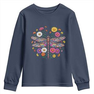 Boho Floral Spring Dragonfly Youth Sweatshirt Colorful Mosaic Insect TS12 Navy Print Your Wear
