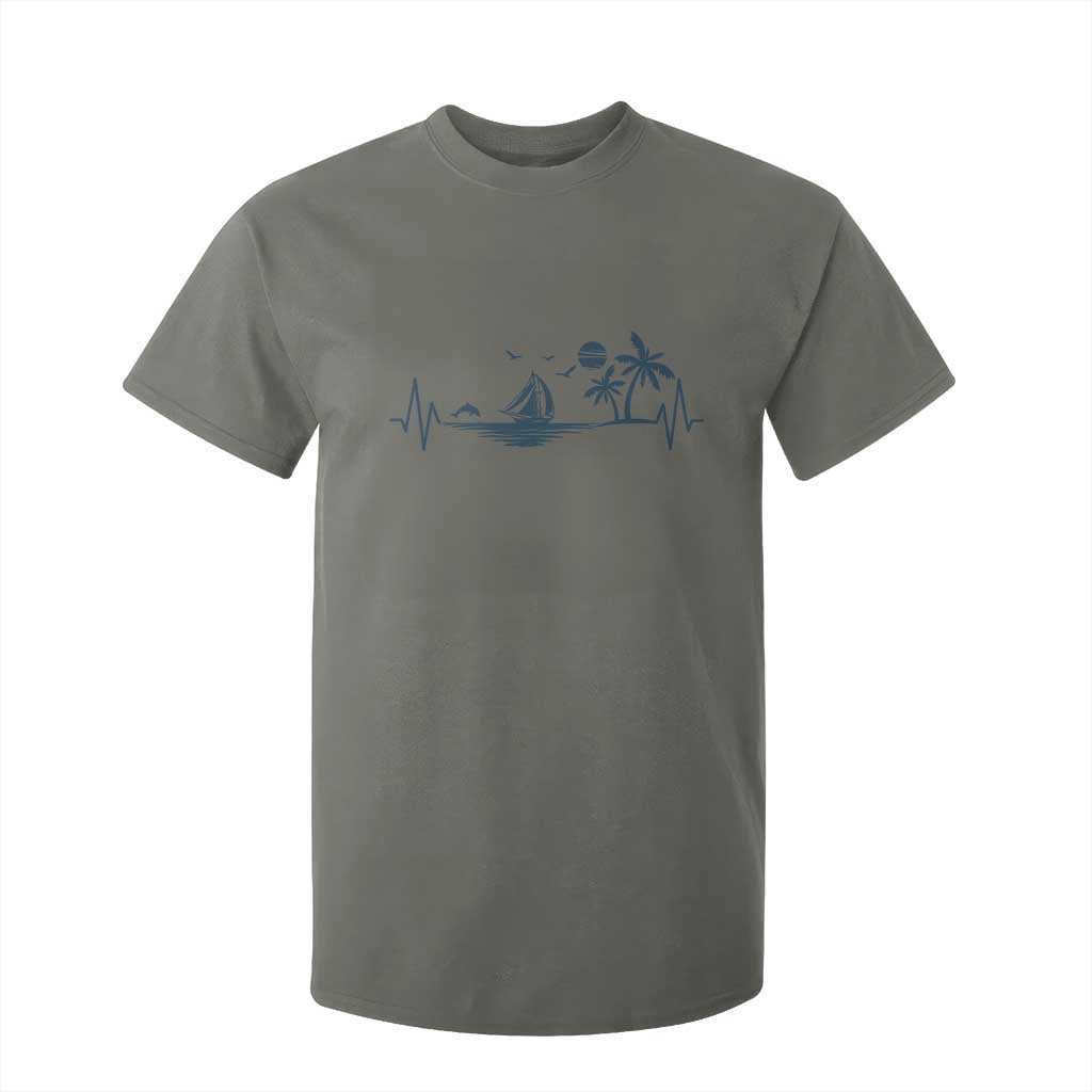 Summer Vacation Heartbeat Pulse Sunset Silhouette T Shirt For Kid Tropical Island Lover TS12 Military Green Print Your Wear