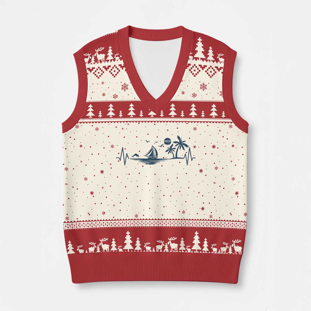 Summer Vacation Heartbeat Pulse Sunset Silhouette V-Neck Knit Sweater Vest Tropical Island Lover TS12 Beige Red Print Your Wear