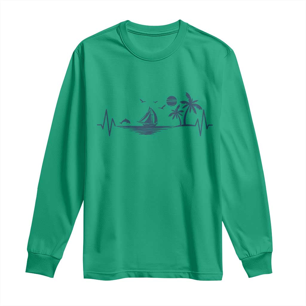 Summer Vacation Heartbeat Pulse Sunset Silhouette Long Sleeve Shirt Tropical Island Lover TS12 Irish Green Print Your Wear