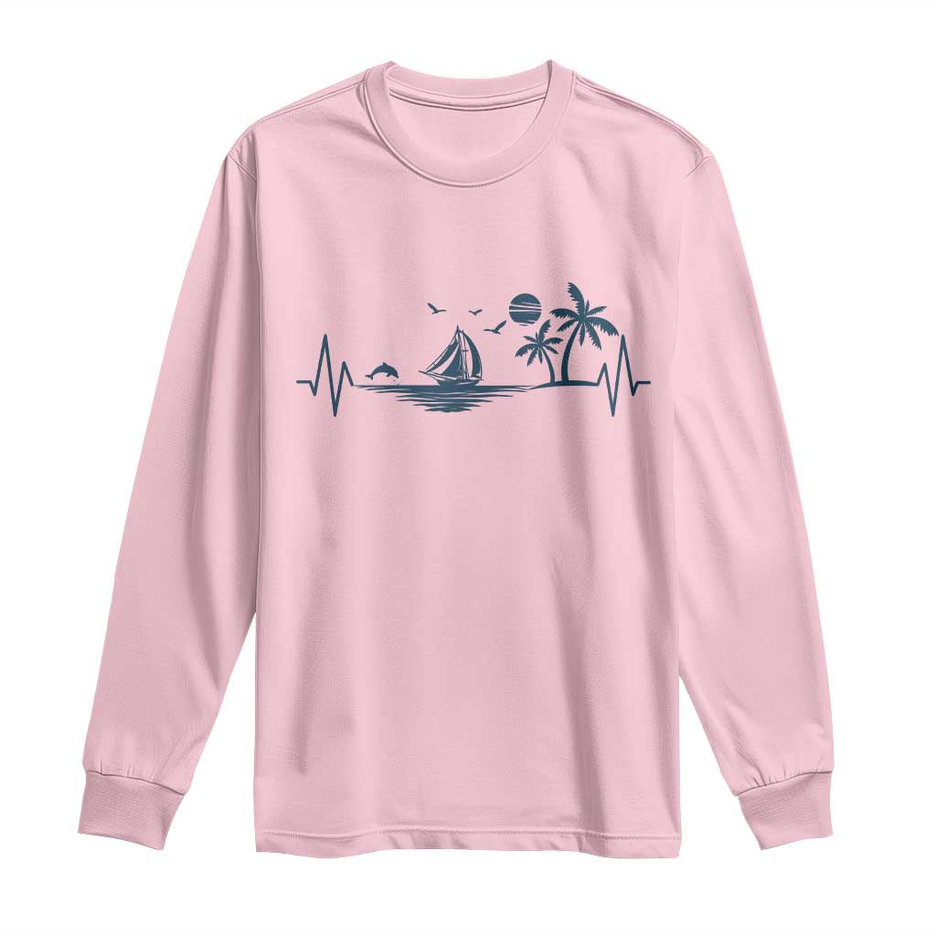 Summer Vacation Heartbeat Pulse Sunset Silhouette Long Sleeve Shirt Tropical Island Lover TS12 Light Pink Print Your Wear