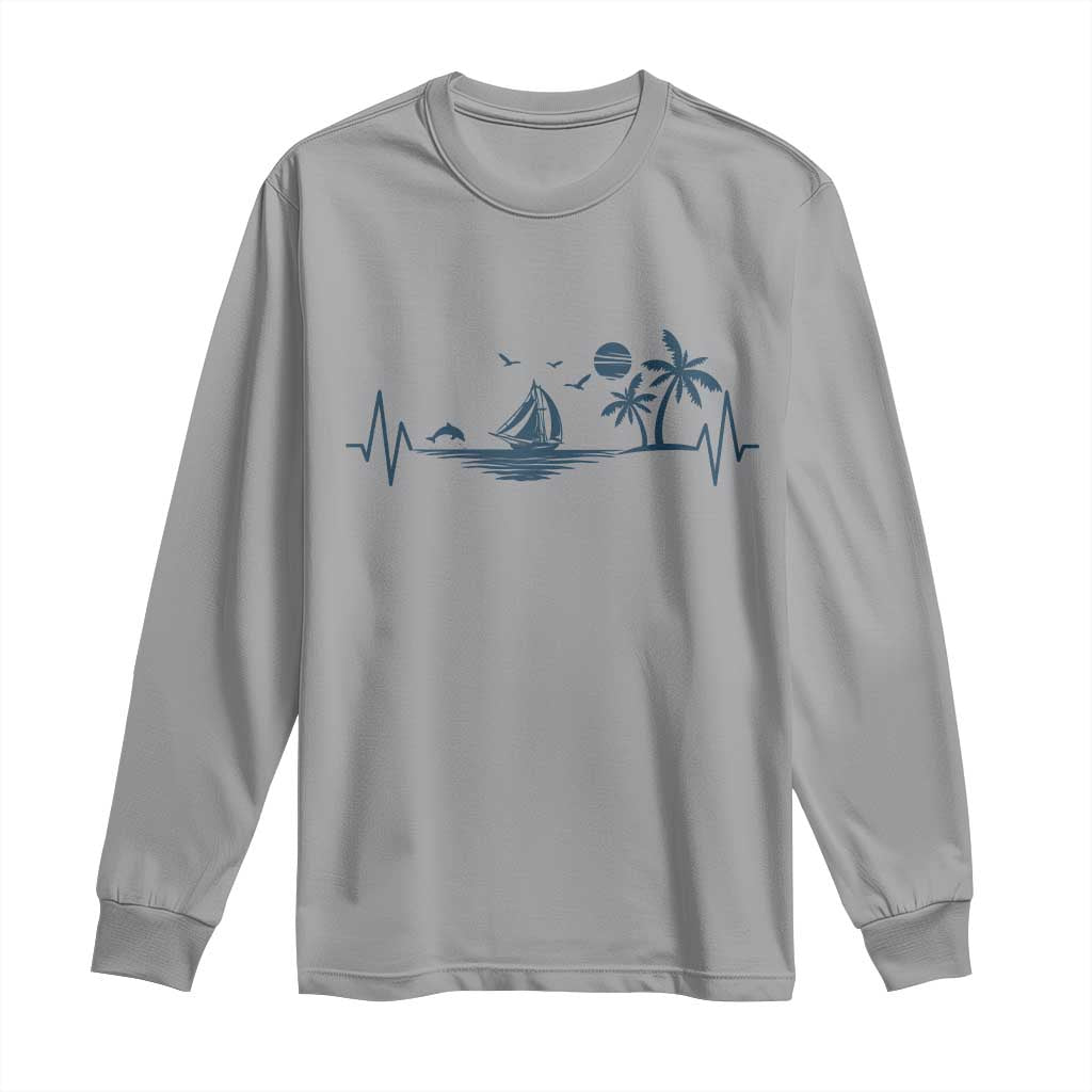 Summer Vacation Heartbeat Pulse Sunset Silhouette Long Sleeve Shirt Tropical Island Lover TS12 Sport Gray Print Your Wear