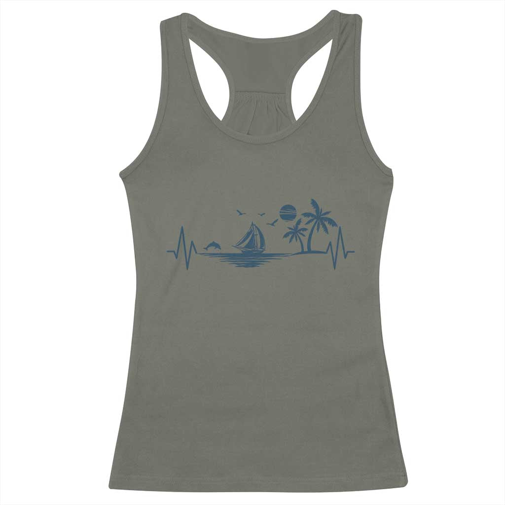Summer Vacation Heartbeat Pulse Sunset Silhouette Racerback Tank Top Tropical Island Lover TS12 Military Green Print Your Wear