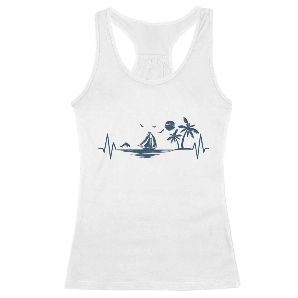 Summer Vacation Heartbeat Pulse Sunset Silhouette Racerback Tank Top Tropical Island Lover TS12 White Print Your Wear