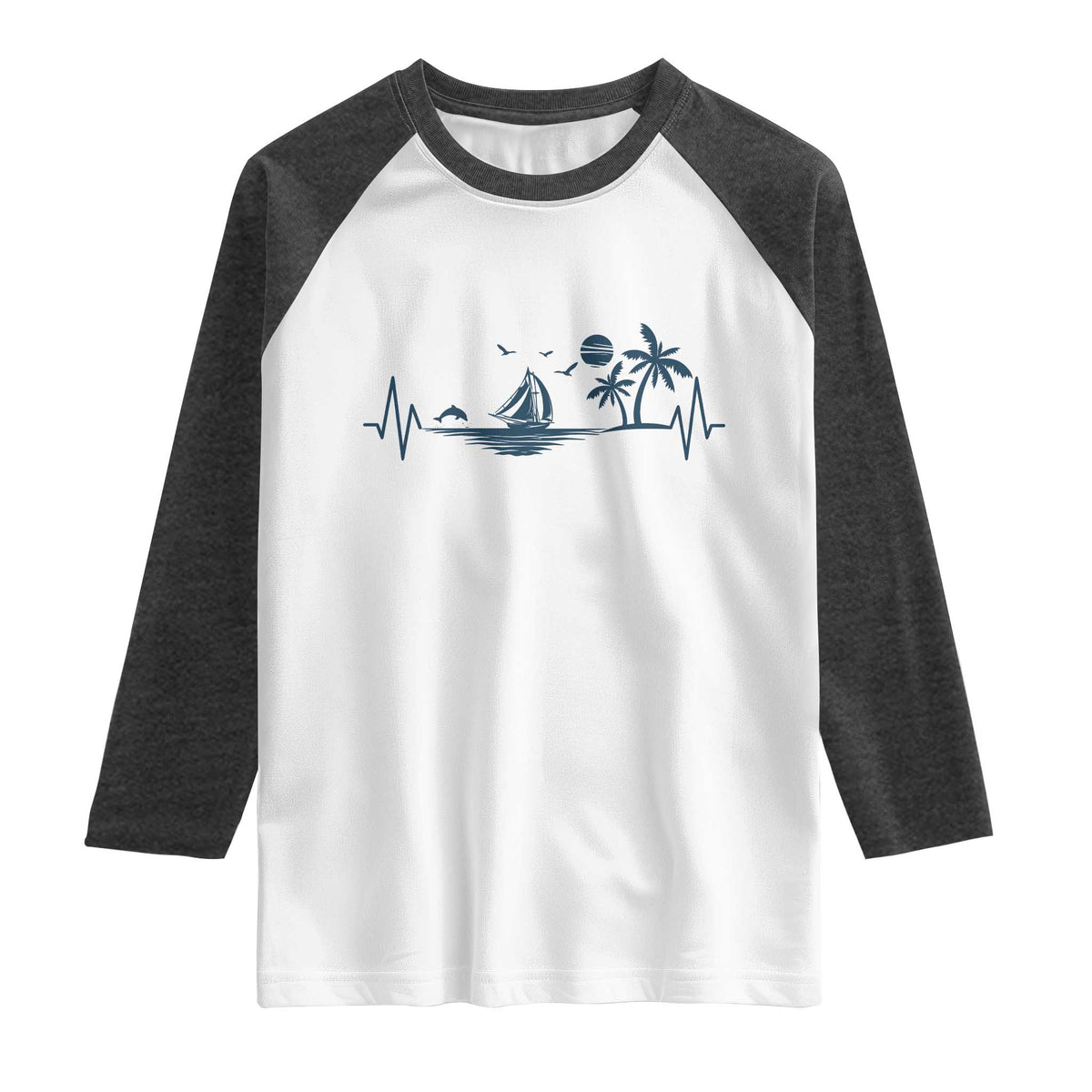 Summer Vacation Heartbeat Pulse Sunset Silhouette Raglan Shirt Tropical Island Lover