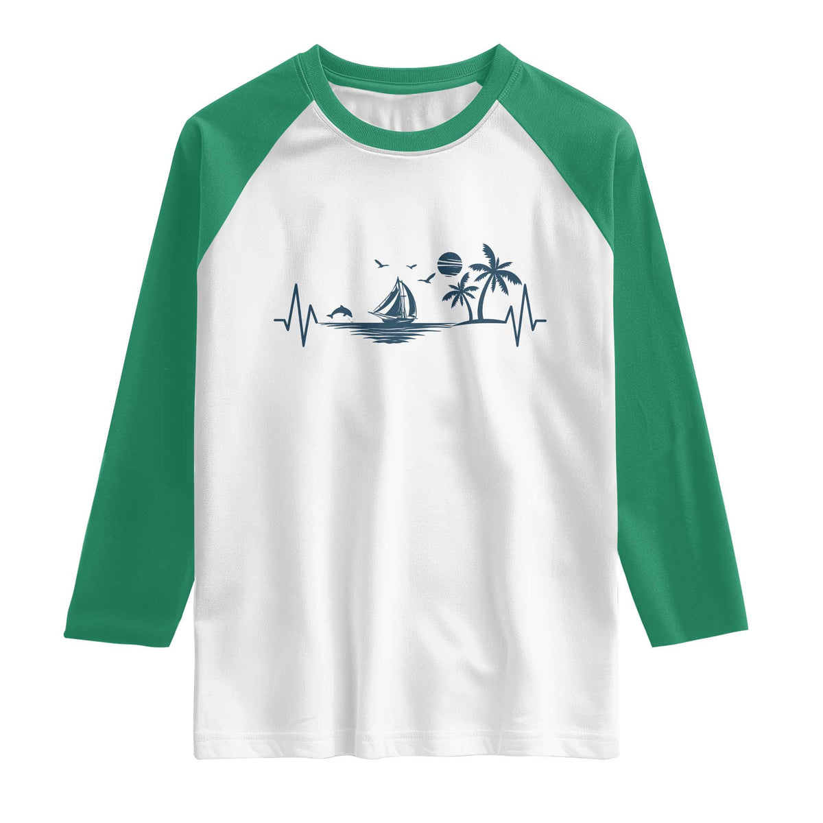 Summer Vacation Heartbeat Pulse Sunset Silhouette Raglan Shirt Tropical Island Lover