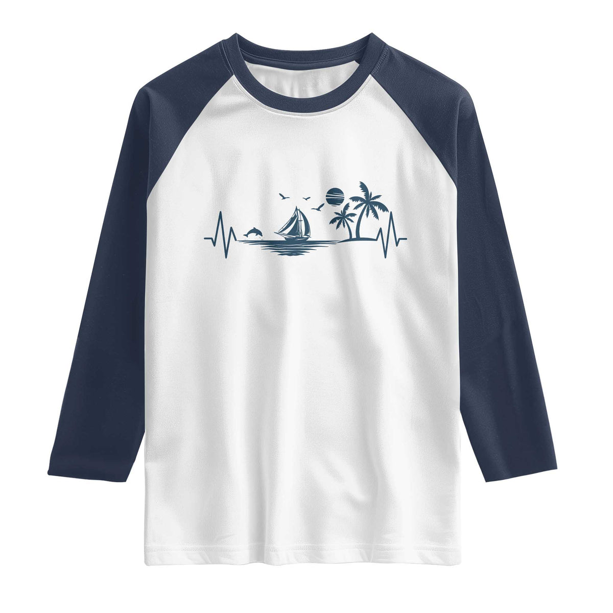 Summer Vacation Heartbeat Pulse Sunset Silhouette Raglan Shirt Tropical Island Lover