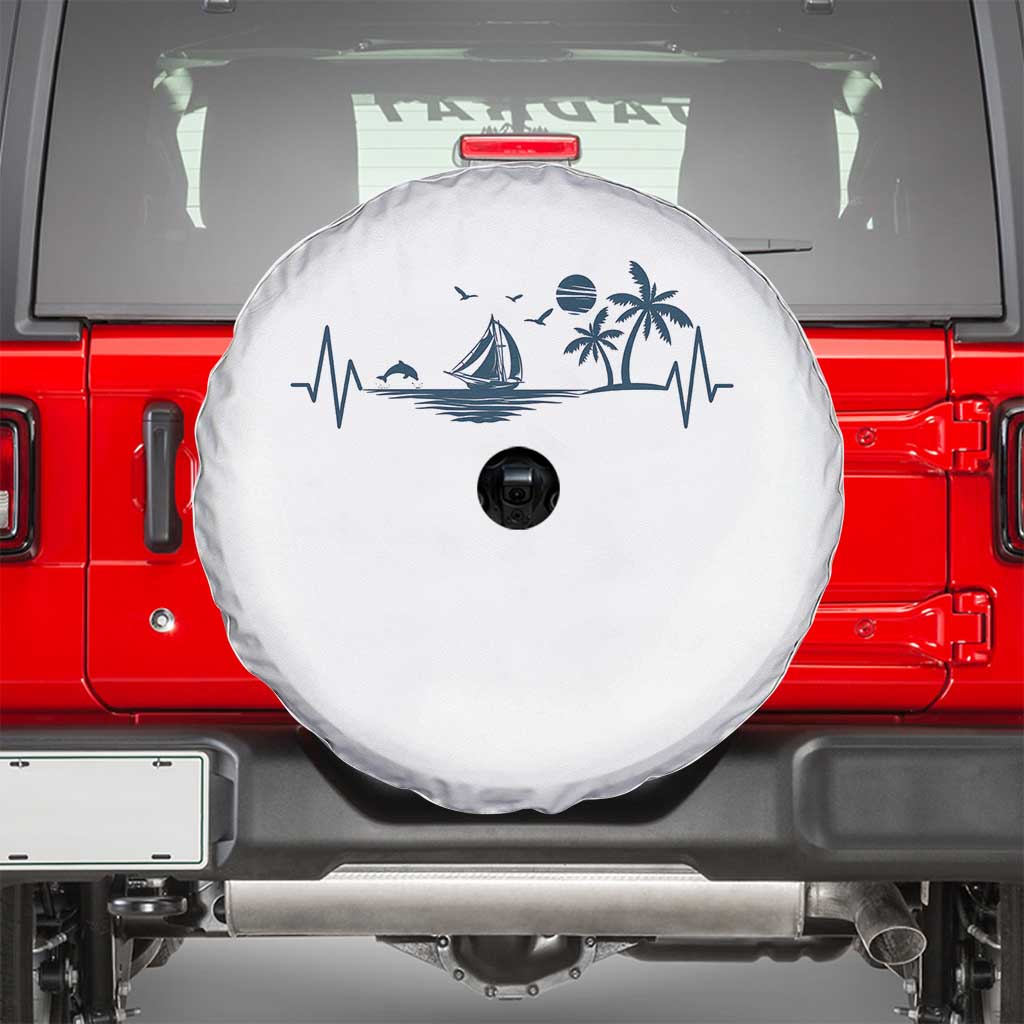 Summer Vacation Heartbeat Pulse Sunset Silhouette Spare Tire Cover Tropical Island Lover TS12 White Print Your Wear
