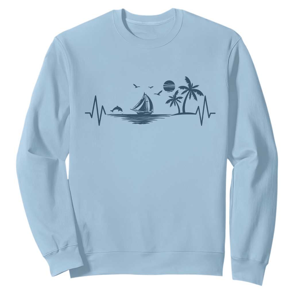 Summer Vacation Heartbeat Pulse Sunset Silhouette Sweatshirt Tropical Island Lover TS12 Light Blue Print Your Wear
