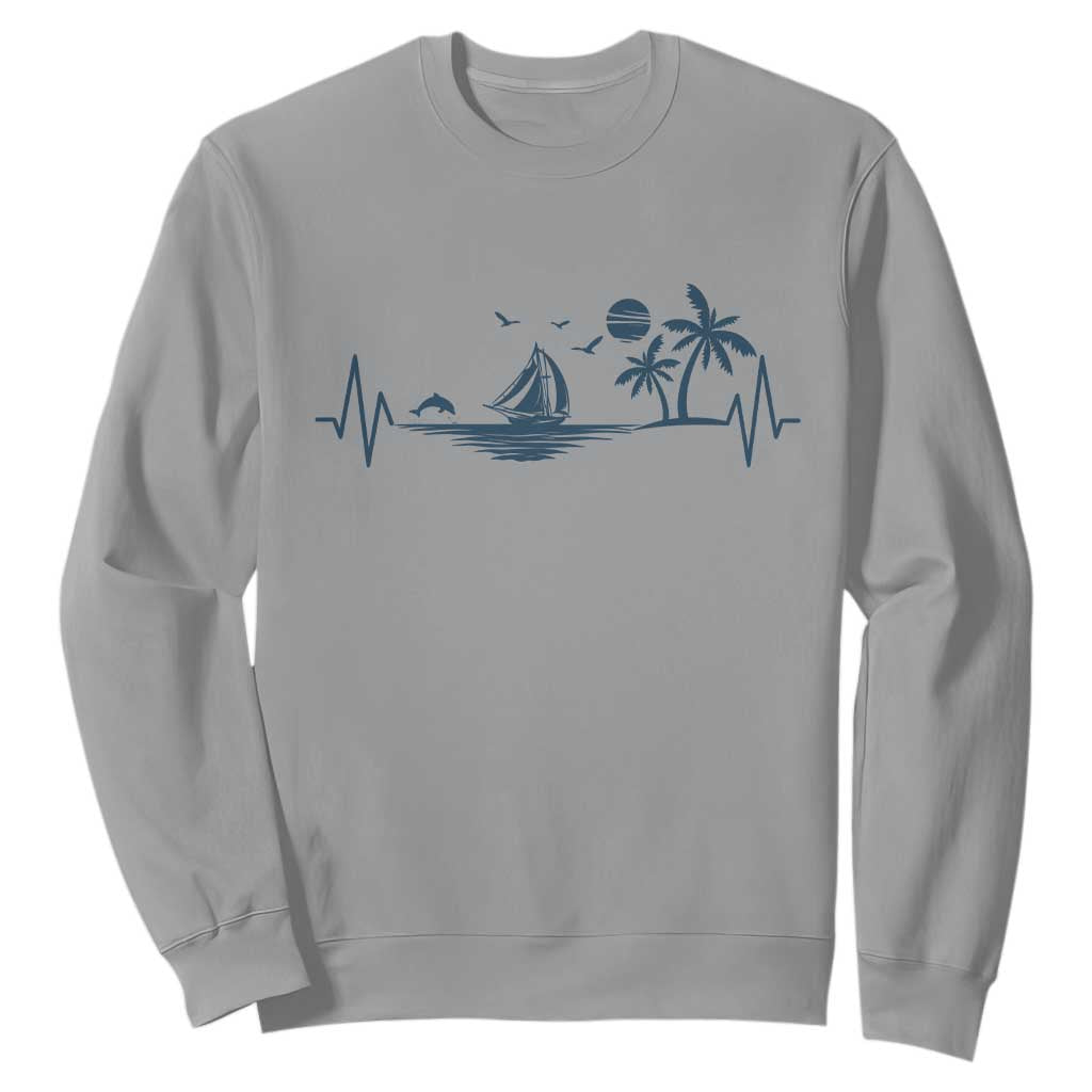Summer Vacation Heartbeat Pulse Sunset Silhouette Sweatshirt Tropical Island Lover TS12 Sport Gray Print Your Wear