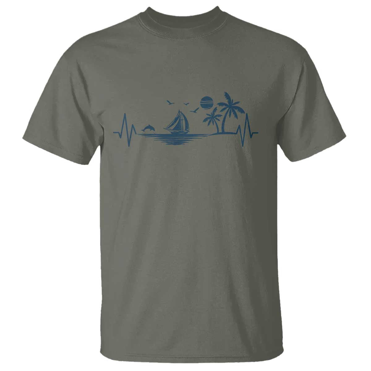 Summer Vacation Heartbeat Pulse Sunset Silhouette T Shirt Tropical Island Lover TS12 Military Green Print Your Wear