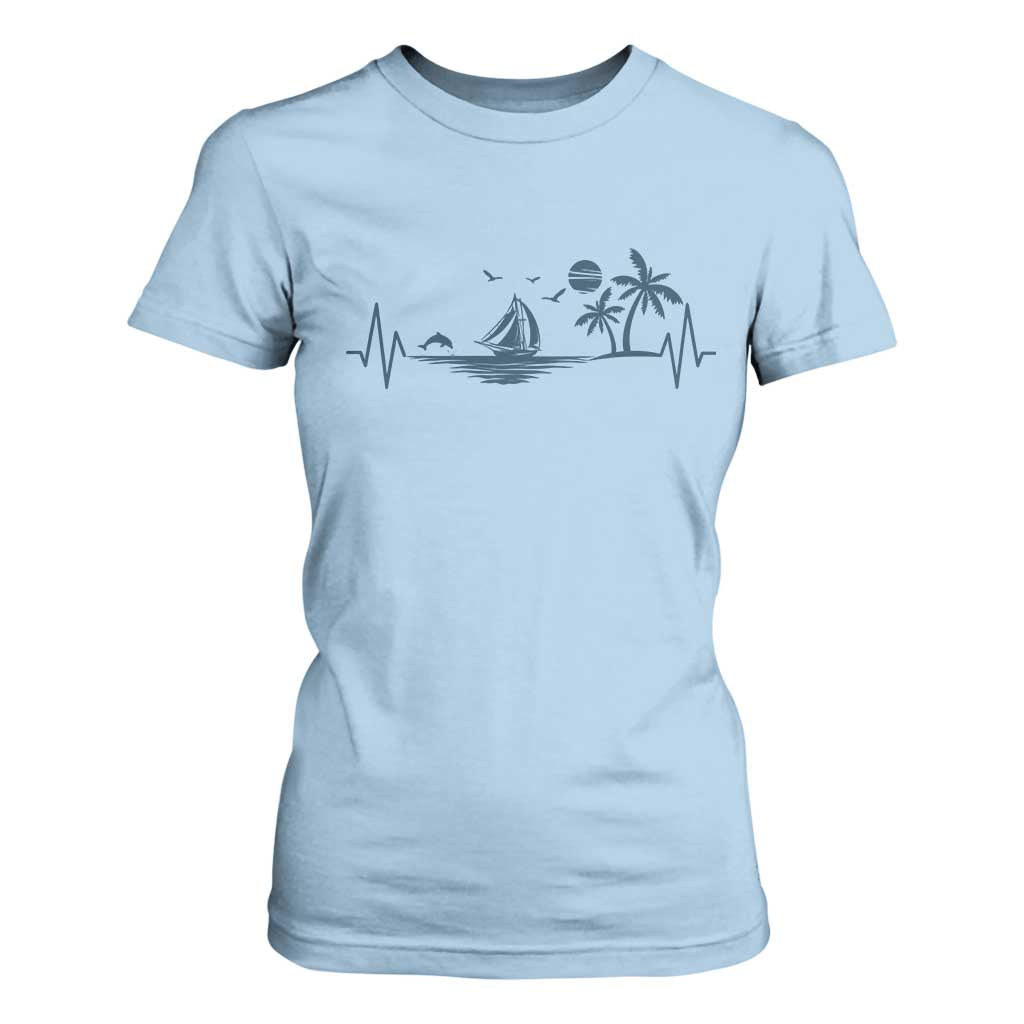 Summer Vacation Heartbeat Pulse Sunset Silhouette T Shirt For Women Tropical Island Lover TS12 Light Blue Print Your Wear