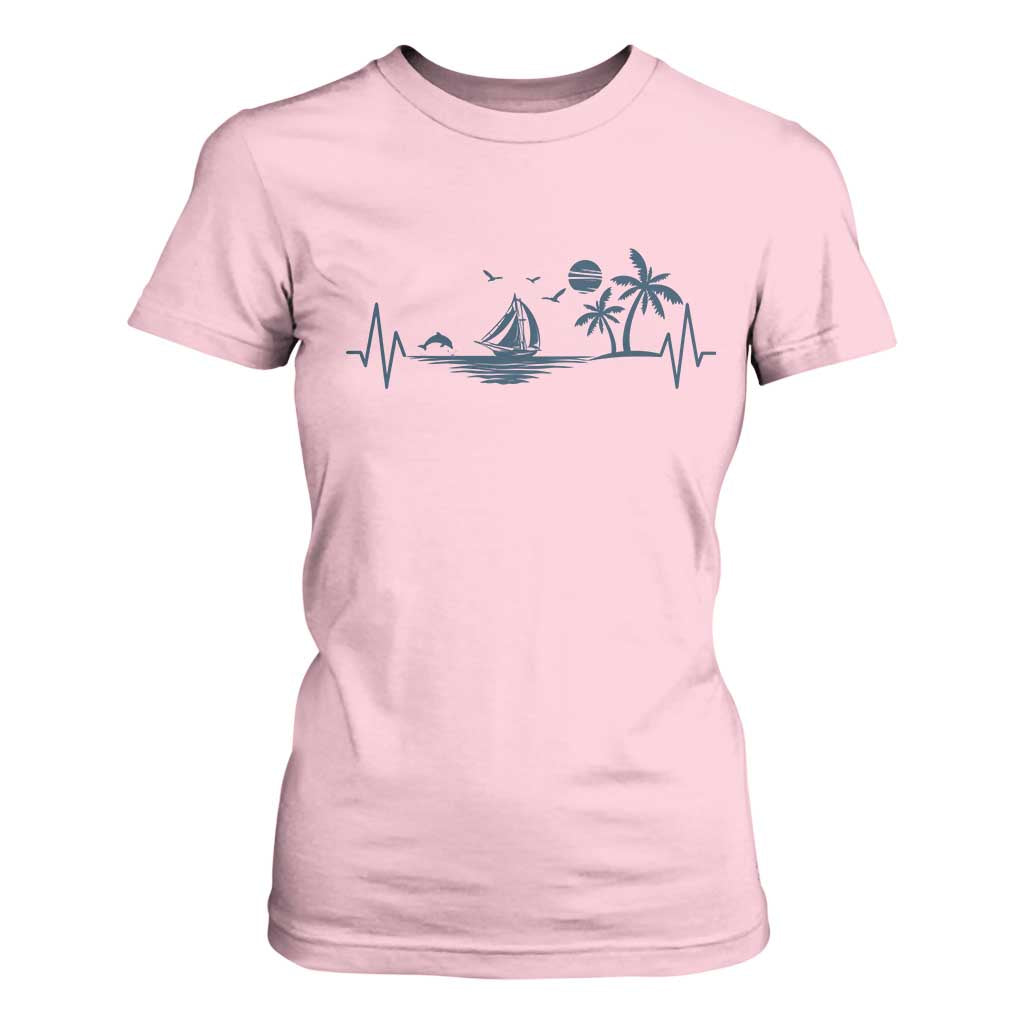 Summer Vacation Heartbeat Pulse Sunset Silhouette T Shirt For Women Tropical Island Lover TS12 Light Pink Print Your Wear