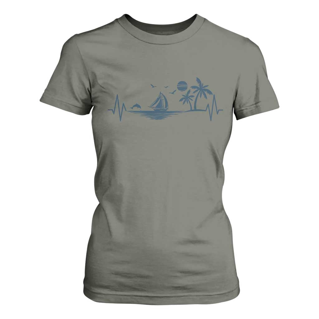 Summer Vacation Heartbeat Pulse Sunset Silhouette T Shirt For Women Tropical Island Lover TS12 Military Green Print Your Wear