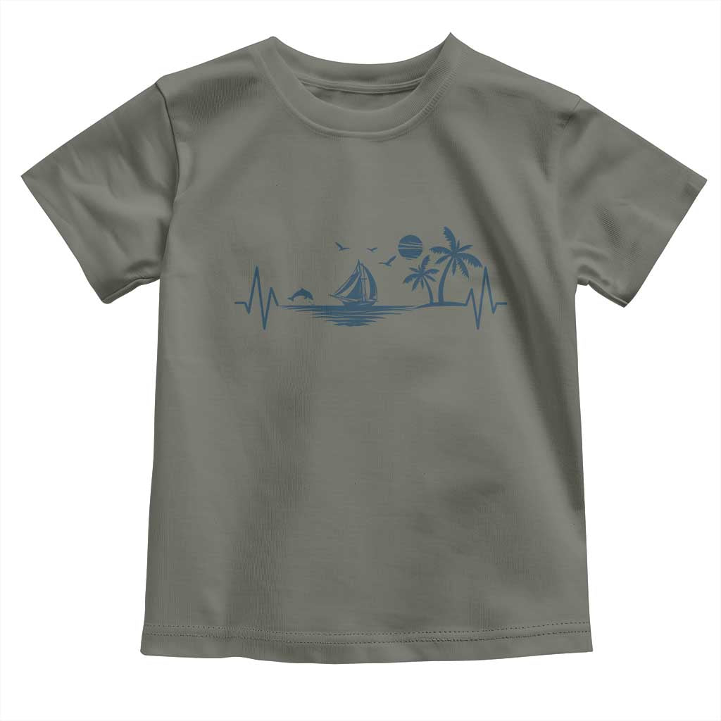 Summer Vacation Heartbeat Pulse Sunset Silhouette Toddler T Shirt Tropical Island Lover TS12 Military Green Print Your Wear