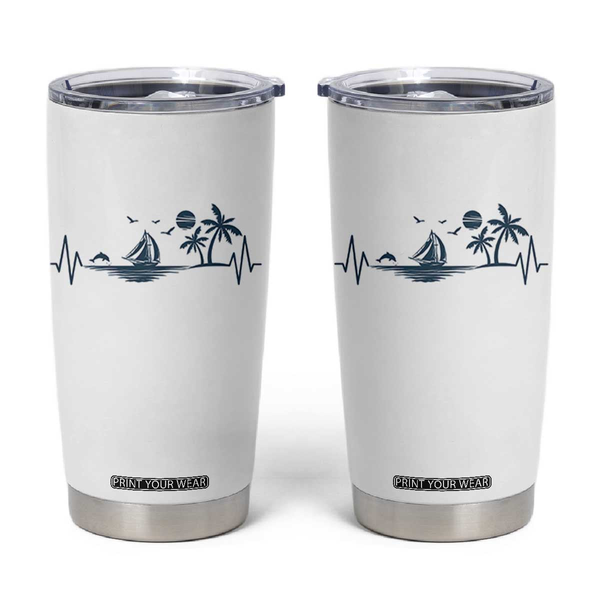 Summer Vacation Heartbeat Pulse Sunset Silhouette Tumbler Cup Tropical Island Lover TS12 White Print Your Wear